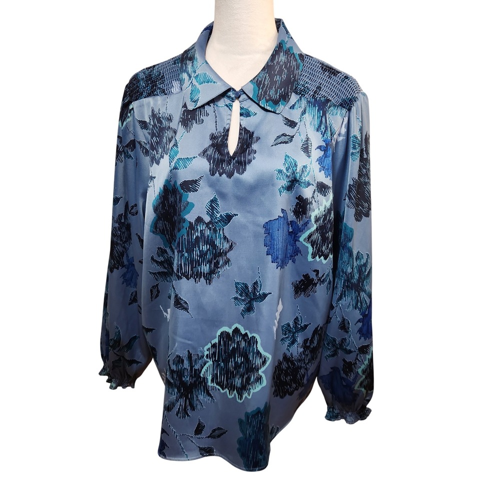 Canyon Retreat‎ Womens XL Blue Floral Print Collared Smocked Top Office Blouse - Picture 9 of 12